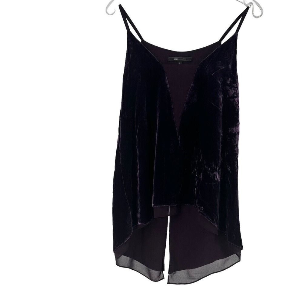 BCBG Maxazria Tank Top Velvet High Low Split Back Purple Silk Blend Mesh Panel S